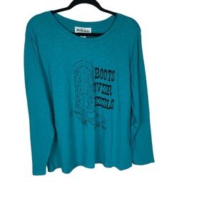 *2/$30* Ariat Teal Boots Over Heels Long Sleeve Graphic T-Shirt Size 1X Cowgirl